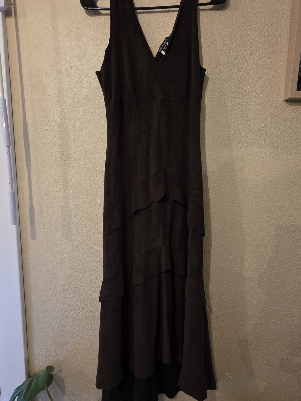bebe Sleeveless V-Neck Layered Maxi Dress in Dark Brown